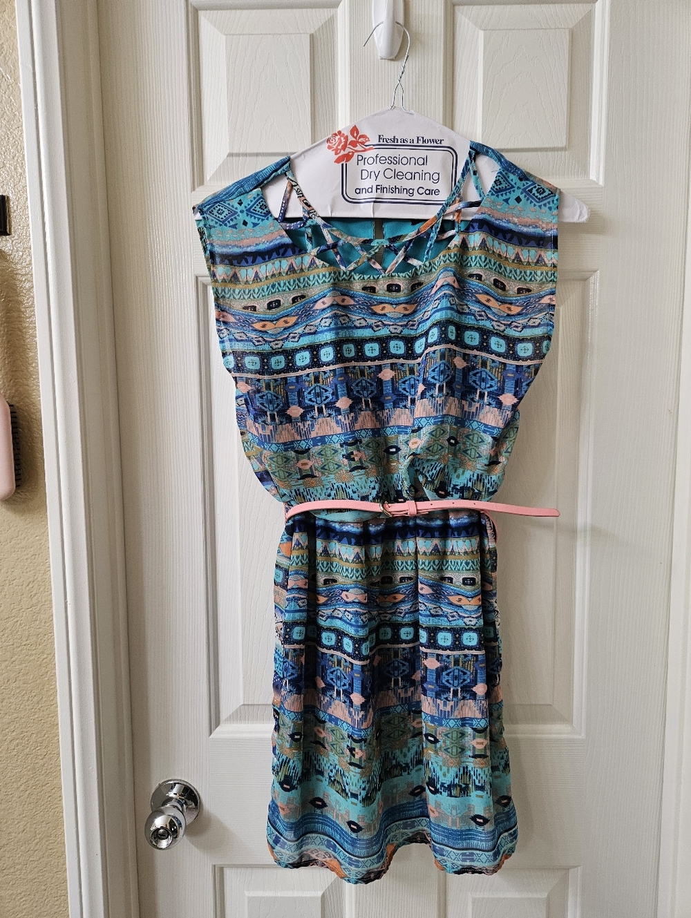 City Triangles Blue Green Patterned Sleeveless Belted Dress - Size S